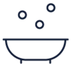 A blue bath tub icon with bubbles floating up. Bath products are paraben and synthetic free