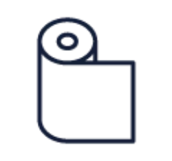 An icon of an unrolled toilet paper roll. Toilet tissue is 100% post-consumer recycled content